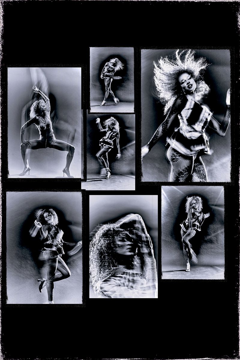 Monochrome collage of multiple photographic frames featuring a woman posing and dancing with motion blur against a dark background.