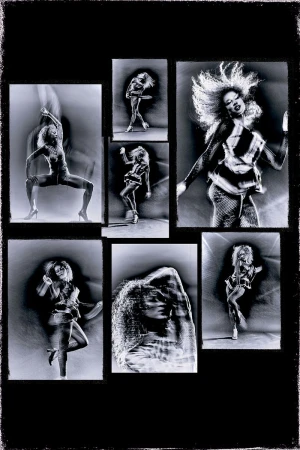 Monochrome collage of multiple photographic frames featuring a woman posing and dancing with motion blur against a dark background.