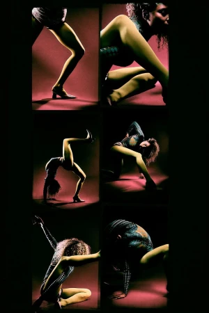 Multi-panel photographic grid showing a person posing in tight patterned clothing against a dark studio background.