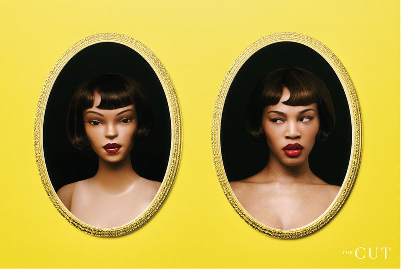Quenlin Blackwell beside a mannequin in an oval gold frame against a vibrant yellow background for The Cut portrait project