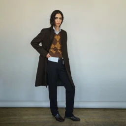 Model wearing a brown coat and argyle sweater over dark trousers against a neutral background