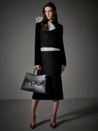 Model in black jacket and skirt holding a textured handbag against a neutral grey studio backdrop.