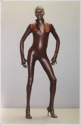 Model wearing a glossy dark brown leather catsuit against a seamless grey backdrop for Mowalola