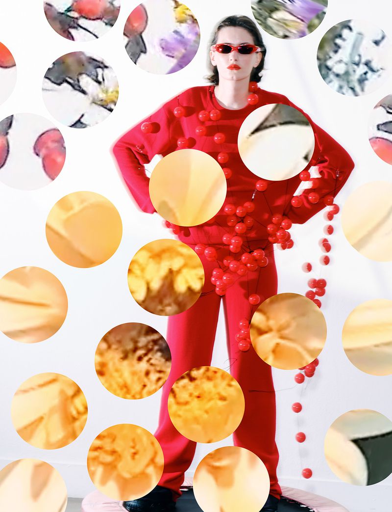 Model in red outfit wearing sunglasses overlaid with circular cutouts showing textures against white background