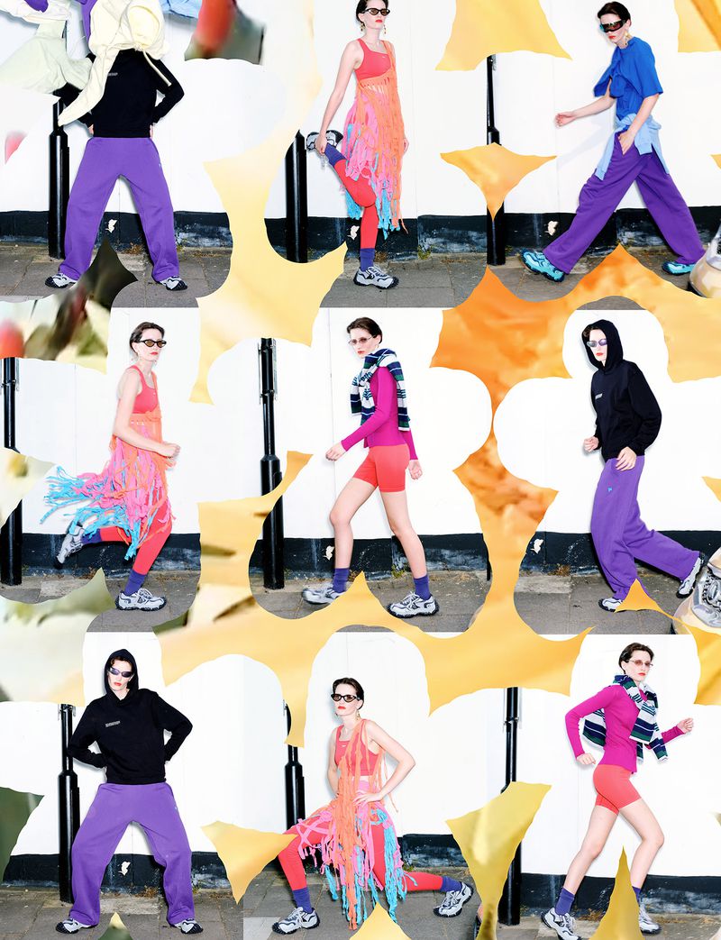Collage of fashion editorial images featuring a model in vibrant athletic apparel against an outdoor urban backdrop.
