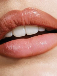 Close-up macro shot of glossy lips and white teeth with neutral makeup in beauty editorial