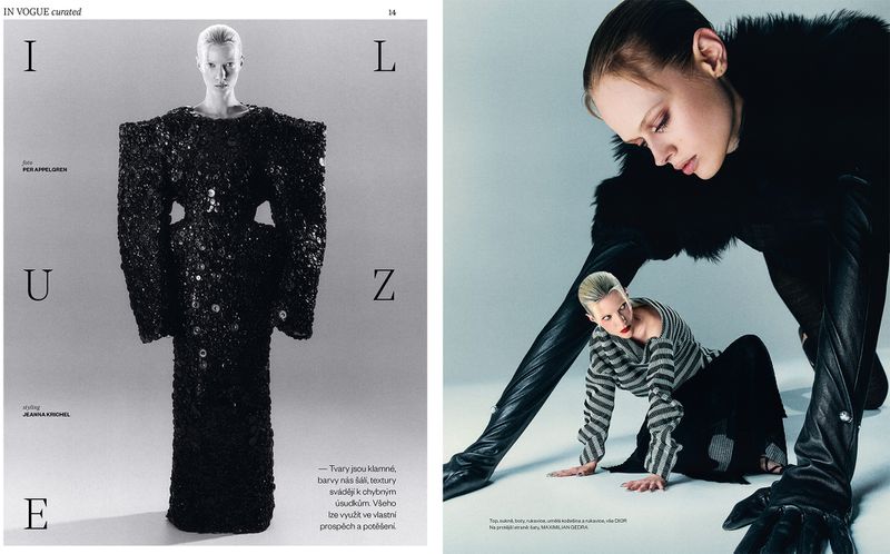 Fashion editorial spread featuring an adult female wearing a large textured dress, plus another adult female in a striped top and black pants.