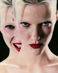 Close-up double exposure portrait of blonde models with green eyes and bold red lipstick against a black background.