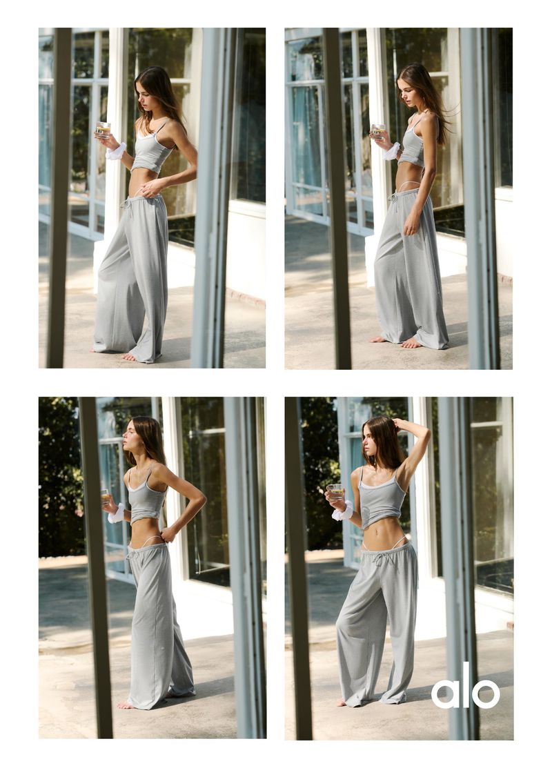 Four-panel editorial image featuring a model wearing grey lounge pants and a matching top outdoors by a building.