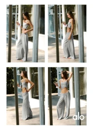 Four-panel editorial image featuring a model wearing grey lounge pants and a matching top outdoors by a building.