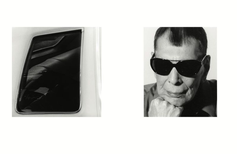 Black and white diptych featuring a car window on the left and a portrait of a person wearing sunglasses resting their chin on a hand on the right