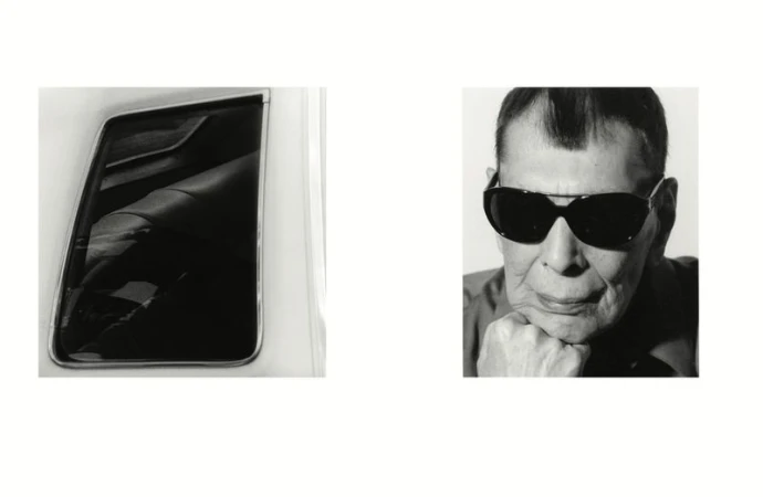 Black and white diptych featuring a car window on the left and a portrait of a person wearing sunglasses resting their chin on a hand on the right