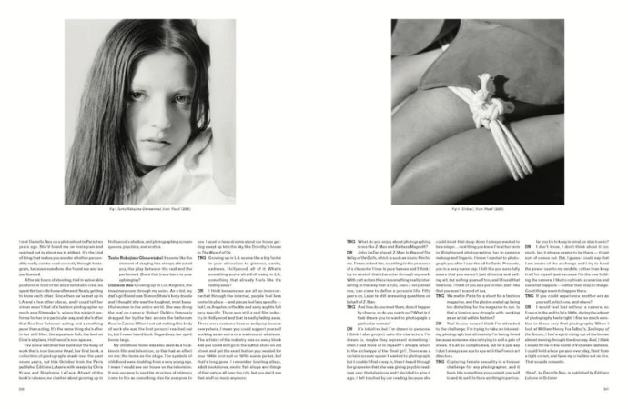 Spreading pages of Pop Magazine featuring black and white photographic prints with accompanying interview text columns.