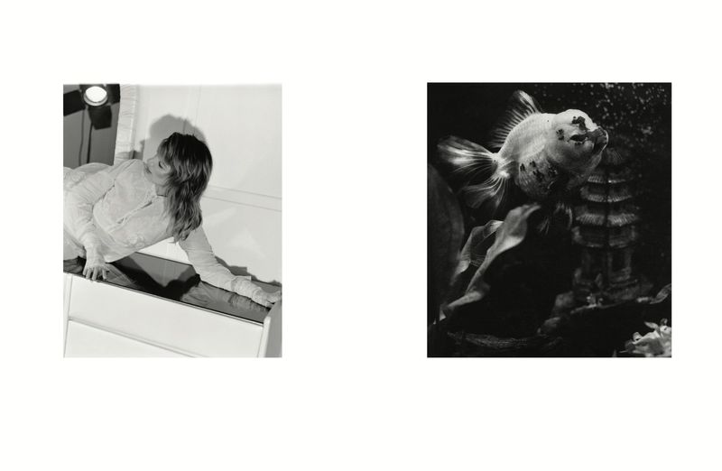 Black and white editorial diptych featuring a woman posing on a white cabinet and a goldfish swimming in a tank