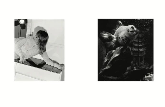 Black and white editorial diptych featuring a woman posing on a white cabinet and a goldfish swimming in a tank