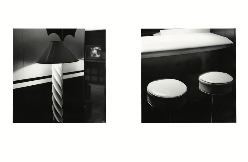 Two black and white interior photographs featuring a decorative lamp on the left and bar stools on the right.
