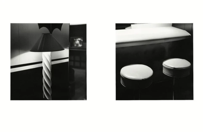 Two black and white interior photographs featuring a decorative lamp on the left and bar stools on the right.