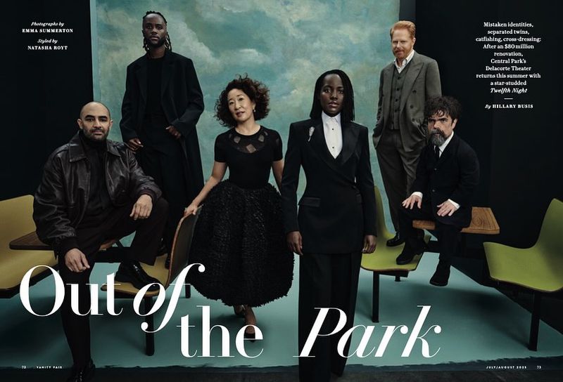 Group shot of six diverse adult actors seated on or standing behind chairs. They are formally dressed in black against a mottled background.