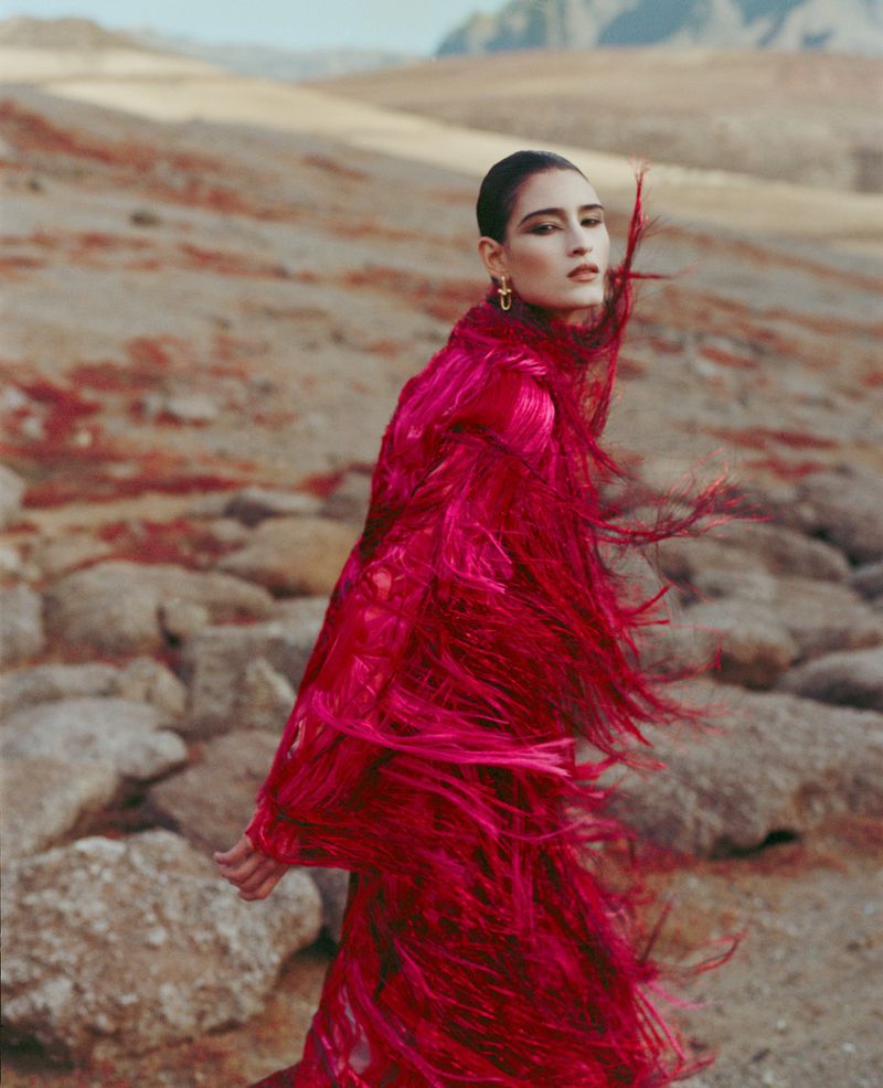 Model in a bright pink fringed dress standing outdoors in a rocky arid landscape shot by Nadine Ijewere for Family Style.