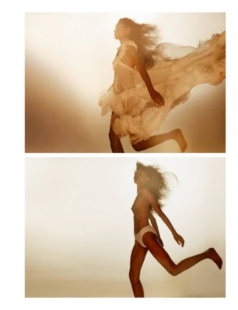 Diptypt fashion photograph of a model in motion against a bright golden background, captured by Carlijn Jacobs for AnOther Magazine.