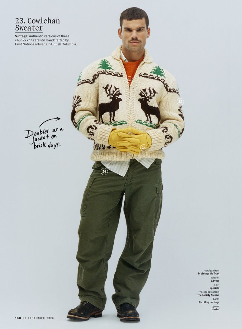 Man wearing a cream cowichan sweater with deer motifs, green cargo pants, and yellow gloves against a light background