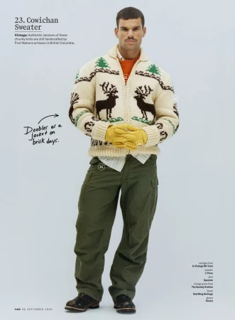 Man wearing a cream cowichan sweater with deer motifs, green cargo pants, and yellow gloves against a light background