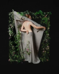 Model draped in grey fabric framed by intertwined green vines and pink flowers against a black background.