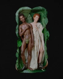 Two male models posed vertically framed by large green leaves against a black studio background for AnOther Man China FLOWERS project