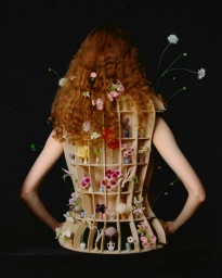 Model wearing a structured wooden grid corset filled with miniature vases and flowers against a dark background