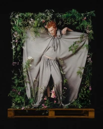 Model in grey hooded garment posing within a wooden frame draped with green foliage against a black background