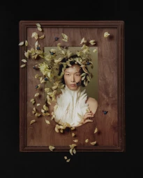 Portrait of a man framed within a wooden border, adorned with foliage and small blue insects for AnOther Man China project FLOWERS