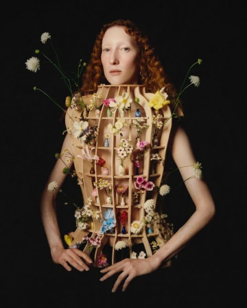 Model wearing a structured wooden grid corset filled with miniature vases and flowers against a dark background.