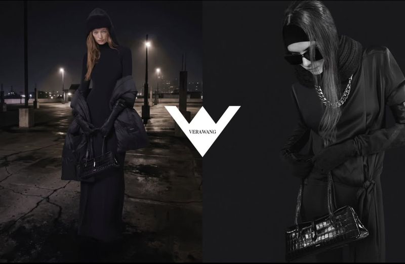 Diptyque fashion campaign split image showing two models in black outfits against night rooftop and dark studio settings.