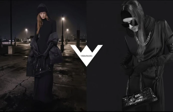Diptyque fashion campaign split image showing two models in black outfits against night rooftop and dark studio settings.