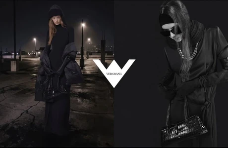Diptyque fashion campaign split image showing two models in black outfits against night rooftop and dark studio settings.
