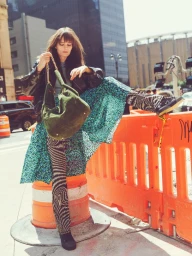 Model in dark jacket and patterned skirt holding a green handbag next to an orange barrier on a city street