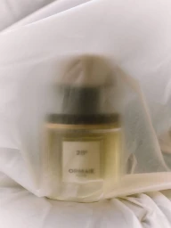 Perfume bottle encased behind translucent white fabric, creating a soft ethereal aesthetic.