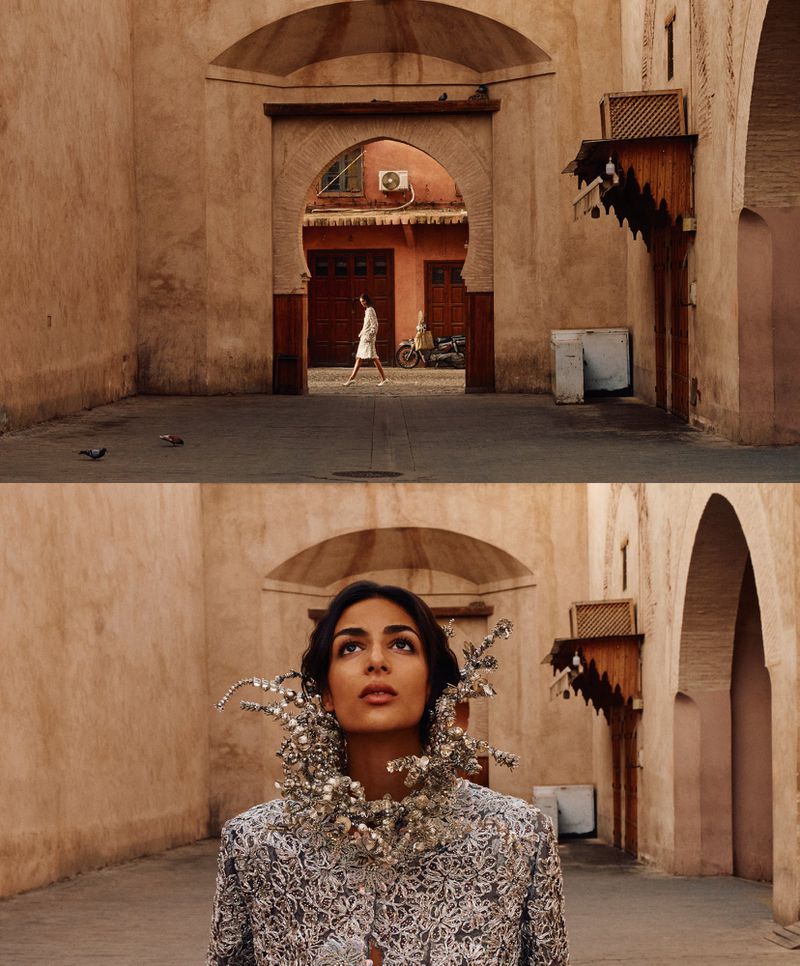 Model Nora Attal wearing an ornate silver embellished collar outdoors for T Magazine MENA cover story