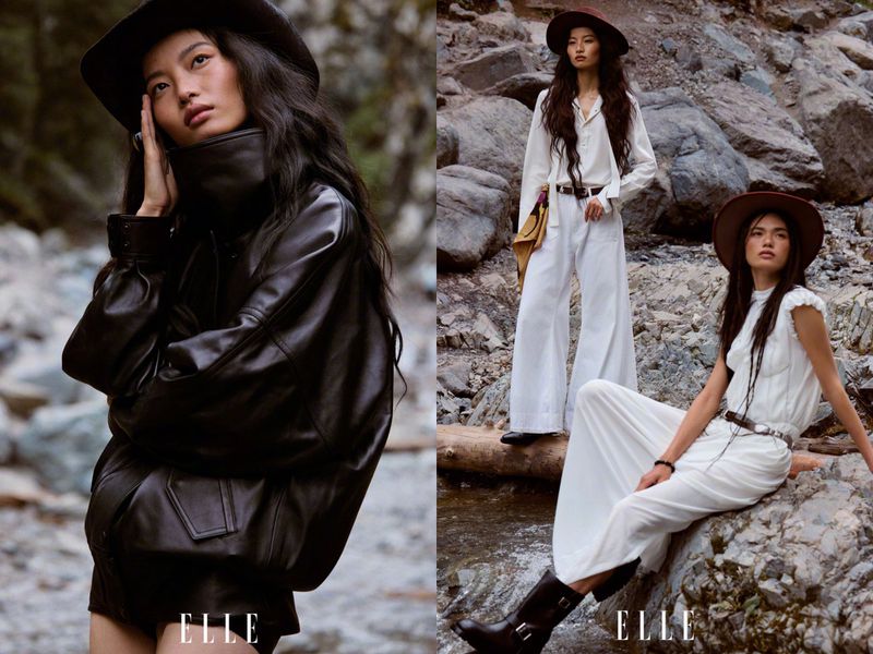 Two female models in cowboy hats outdoors near rocky terrain and a stream for Elle China.