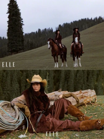 Two fashion models posing outdoors in a grassy mountain landscape for Elle China, featuring western-inspired attire and horses.