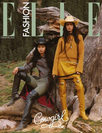 Two female models in western attire posing against a large tree trunk for an Elle China fashion magazine cover.