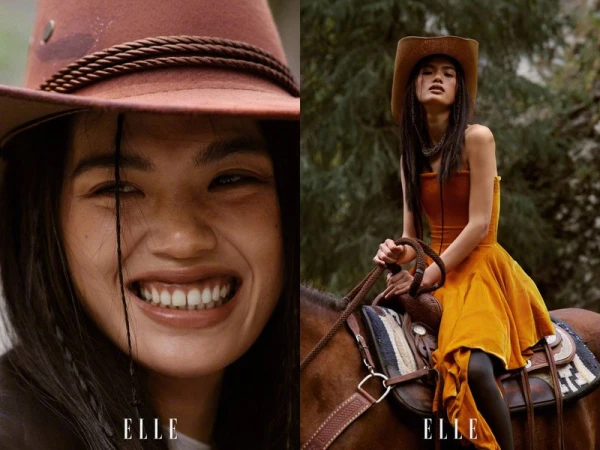 Diptyque layout featuring a close portrait and a model riding a horse wearing a western hat and yellow dress for Elle China.