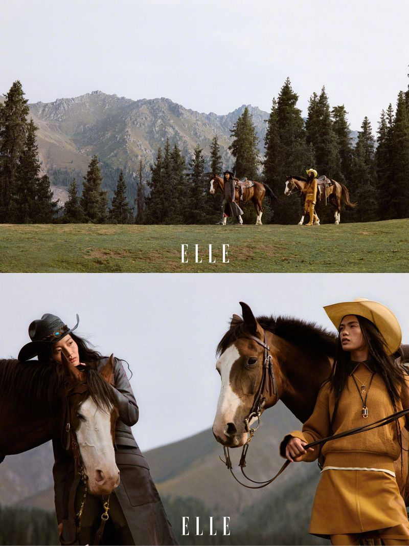 Two models wearing cowboy hats alongside horses in an outdoor mountain and forest landscape for Elle China COW GIRL project