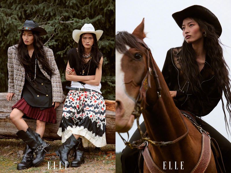 Two female models in cowboy hats posing outdoors near a rustic wooden log and a horse in an editorial for Elle China COW GIRL project