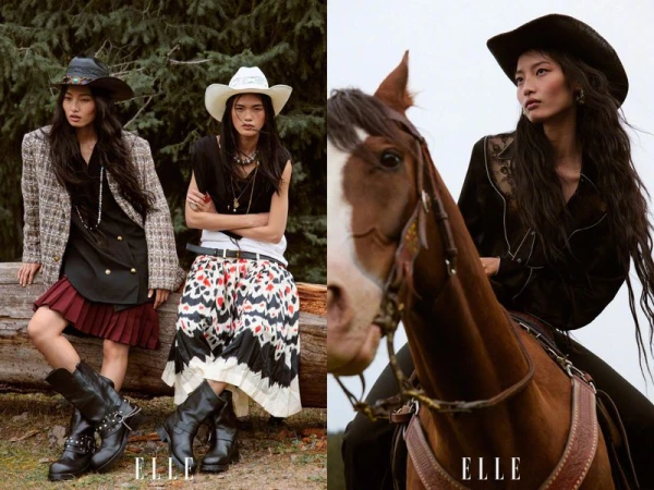 Two female models in cowboy hats posing outdoors near a rustic wooden log and a horse in an editorial for Elle China COW GIRL project