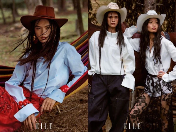 Two fashion models wearing cowboy hats posing outdoors in a wooded setting for Elle China COW GIRL project editorial