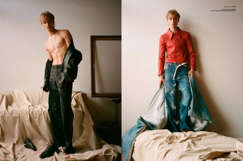 Two-panel fashion editorial featuring model Noah Loof posing indoors with draped fabric and an empty picture frame.