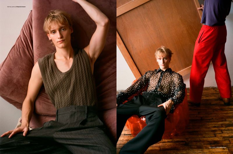 Diptych of a male model wearing a dark knit vest and polka dot shirt by photographer Brent Chua for Men's Folio Singapore.