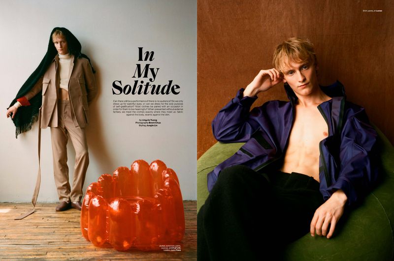 Editorial spread featuring a blond male model wearing a tan suit and a purple windbreaker in two distinct portrait settings.