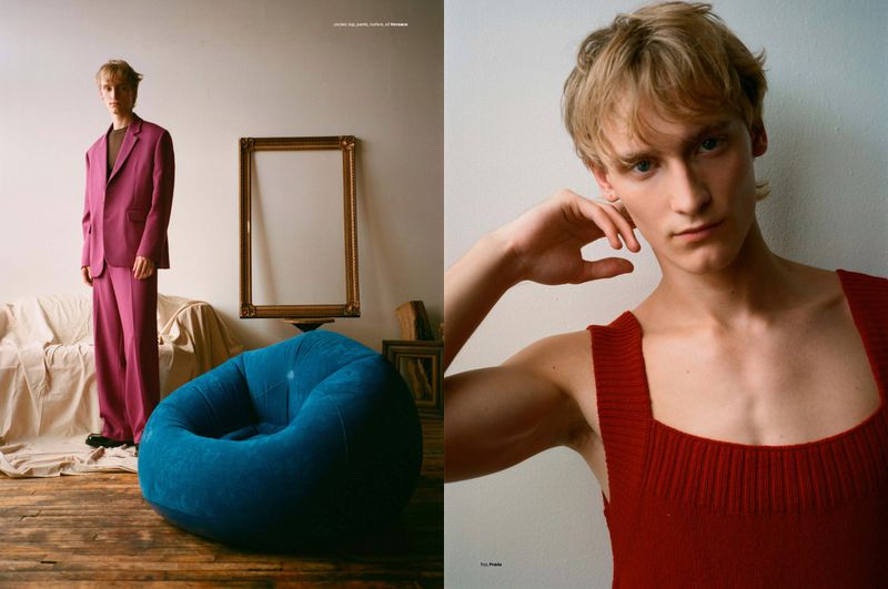 Diptyptych fashion editorial image featuring a male model in a magenta suit and a close-up in a red tank top.